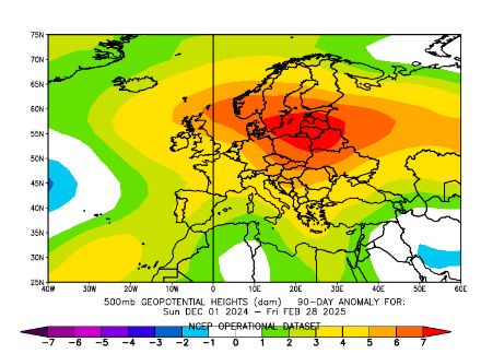 Figure 1. Anomalie de géopotentiel à 500 hPa (en décamètres) du 1er décembre 2024 au 28 février 2025 par rapport à la moyenne 1991-2020 sur la même période.