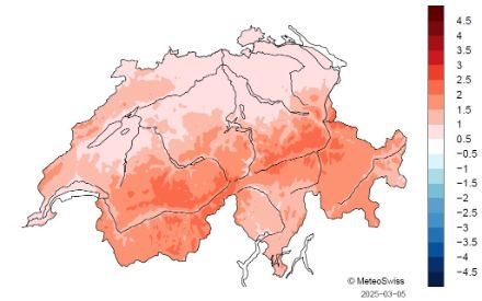 Figure 2. Écart à la norme 1991-2020 de la température moyenne pour l’hiver météorologique 2024/2025. 