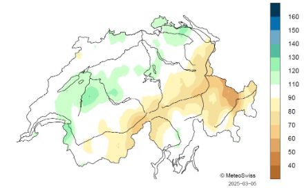 Figure 4. Répartition spatiale des sommes de précipitations durant l’hiver 2024/25, représentée en % de la norme 1991-2020.
