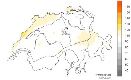 Figure 6. Répartition spatiale de l’ensoleillement pour l’hiver météorologique 2024/2025, représentée en % de la norme 1991-2020.