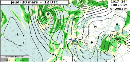 Carte au sol en prévision pour la journée du jeudi 20 mars. L'anticyclone se décale peu à peu vers l'Europe orientale. Une sitation de foehn s'installe dans les Alpes. 