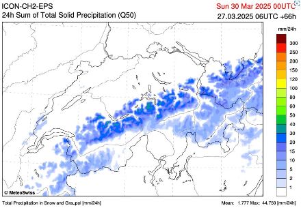 Quantité de neige fraîche prévue en 24h samedi 29 mars 2025 entre minuit et minuit.