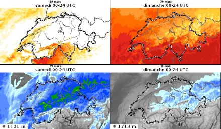 Ensoleillement (en haut) et précipitations (en bas) prévus pour samedi (à gauche) et dimanche (à droite)