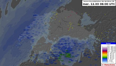 Somme des précipitations entre mardi 7h (06 h UTC) et mercredi 7h (06 h UTC). 