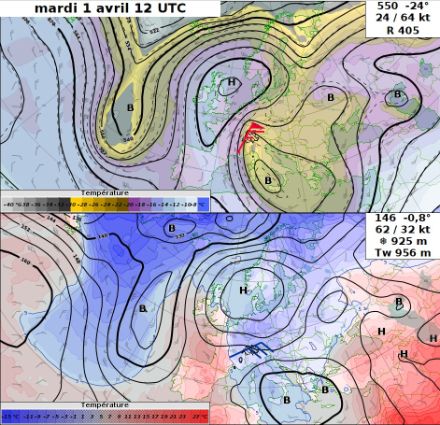 Cartes synoptiques en prévision pour le 1er avril à 14 h aux niveaux 500 hPa (vers 5500 m) et 850 hPa (vers 1500 m). 