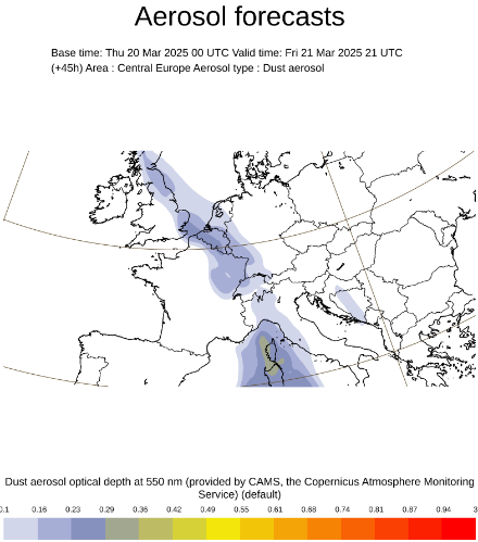 Épaisseur optique des poussières dans l'atmosphère. Prévisions CAMS à 45 heures pour le vendredi soir 21 mars 2025, 21 UTC.