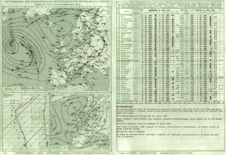 Figure 5. Extrait de la situation météorologique du 24 avril 1976 à 1h00 avec les relevés pour une sélection de stations.