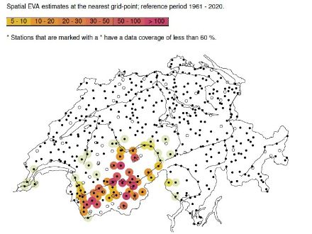 Figure 3. Période de retour des précipitations (en années) entre mercredi 8h00 et jeudi 8h00.