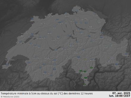 Température minimale à 5 cm du sol (°C) entre 22h dimanche et 10h lundi 7 avril