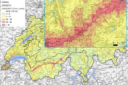 Indice FWI sur IGNIS le jour de l'incendie de Bitsch (17.07.2023)