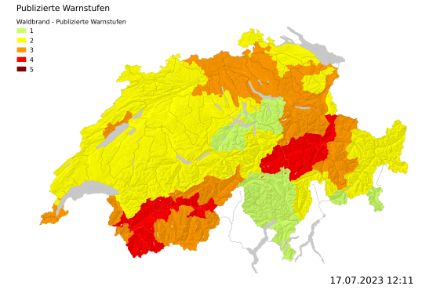 Carte des dangers d'incendies de forêt publié sur waldbrandgefahr.ch le jour de l'incendie de Bitsch
