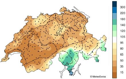 Figure 5. Répartition spatiale des sommes de précipitations en mars 2025, représentée en % de la norme 1991-2020