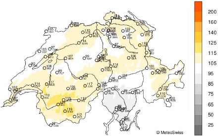 Figure 6. Répartition spatiale de l’ensoleillement en mars 2025, représentée en % de la norme 1991-2020. 