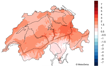 Figure 6. Répartition en Suisse de la température en mars 2025. L’écart (en °C) à la norme 1991-2020 est représenté. 