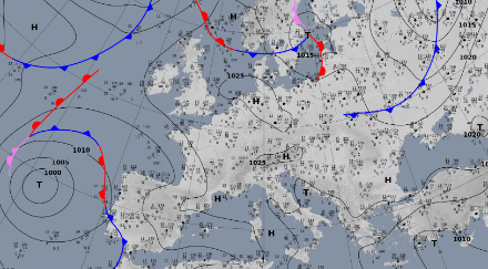 Analyse de pression atmosphérique au sol et des fronts du mercredi 30.04.2025 à 8h.