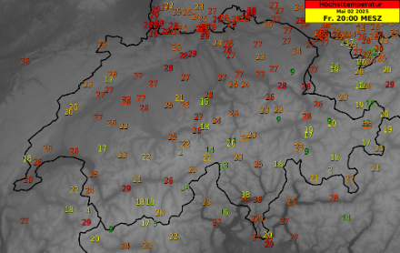 Prévision de la température maximale en °C pour vendredi, 02.05.2025 avec le MOS