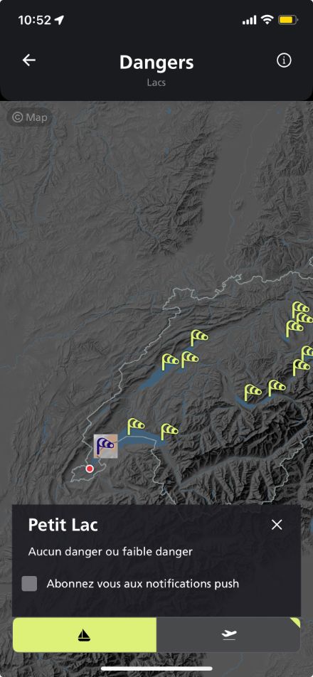 l'app de MétéoSuisse > Dangers > Lacs et aéroports