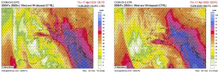 Figure 2 : Vent prévu à 5500 m d’altitude jeudi 17 avril à 14h locales par le modèle ICON-2-CTRL, run du 14 avril 06UTC à gauche, et du 15 avril 06UTC à droite. 