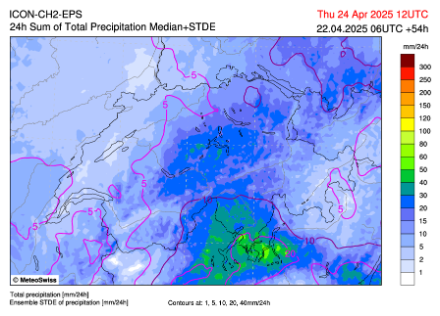 Figure 2 : médiane du cumul de précipitations prévu entre mercredi 14h et jeudi 14h. Les lignes roses représentent l’écart-type en mm. Source : modèle ICON-CH2-EPS, run du 22 avril à 06 UTC.