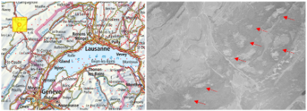 Vue aérienne de 1946. On voit bien les dégâts causés par la tempête du 15 janvier 1946 dans la région de Saint-Laurent-en-Grandvaux (voir les flèches rouges sur l'image de droite).