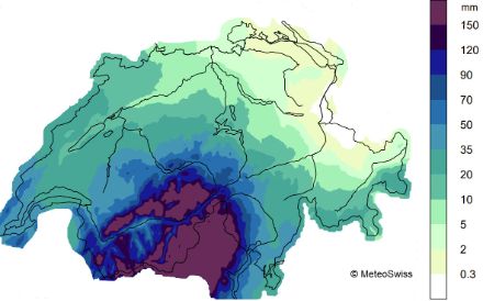 Carte suisse des cumuls journaliers des précipitations du 16 au 17 avril 2025.