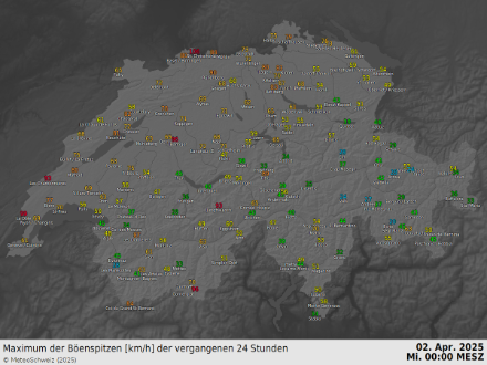 Carte des rafales de vent maximales mesurées le 1er avril 2025.
