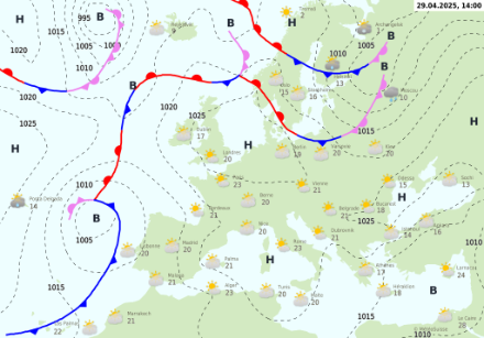 Carte synoptique de l’Europe centrale le mardi 29 avril 2025 à 14h avec la pression réduite au niveau de la mer en traitillé, le centre des hautes (H) et basses (B) pressions ainsi que les zones frontales en couleur. (Image : MétéoSuisse)
