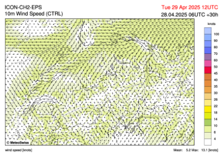 Prévision du vent à 10 m du sol pour le mardi 29 avril 2025 à 12h UTC. (Image : ICON-CH2-EPS, MétéoSuisse)