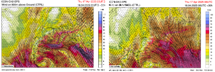 Figure 2 : Vent prévu à 800 m et 3000 md’altitude jeudi 17 avril à 08h locales par le modèle ICON-2-CTRL, run du 14 avril 06UTC .