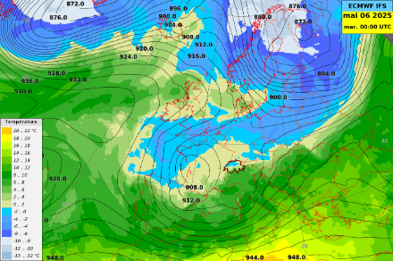 Situation sur l’Europe le mardi 6 mai à 2h00 (heure Suisse) selon le membre de contrôle du modèle IFS. La carte montre la température à 850 hPa (environ 1500 m) en couleur et la hauteur géopotentielle à 500 hPa (la pression en altitude) en noir. 