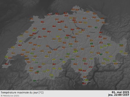 Carte des températures maximales mesurées le 1er mai 2025.