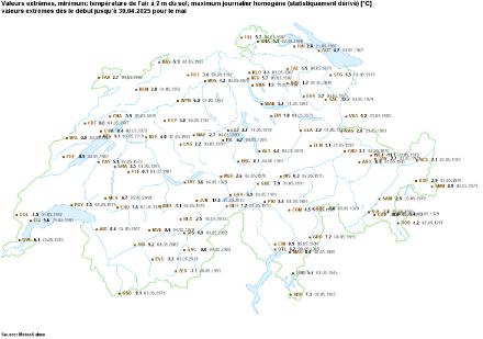Carte des températures maximales les plus basses mesurées en mai.