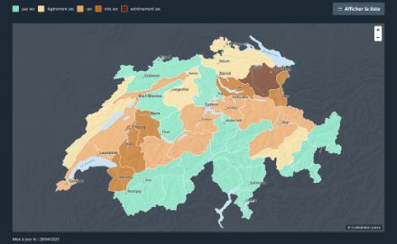 C'est ainsi que se présentait la situation en Suisse à la fin du mois d'avril 2025. Malgré des précipitations abondantes au sud des Alpes et en Valais, plusieurs régions restaient touchées par la sécheresse. La carte actuelle peut être consultée sur www.secheresse.ch