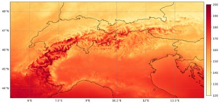 Carte de la région alpine, codée par couleur en fonction du rayonnement solaire moyen en 2019 et 2020.