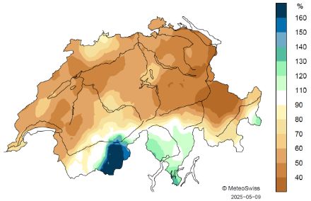 Anomalie des cumuls de précipitations sur la période février - avril 2025 par rapport à la norme 1991-2020 (en %).