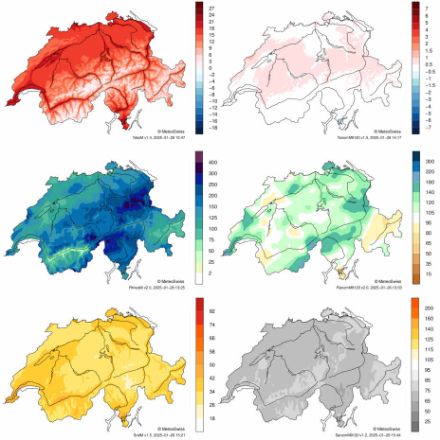 Exemples de cartes de la Suisse avec code couleur pour la température, les précipitations et l'ensoleillement.