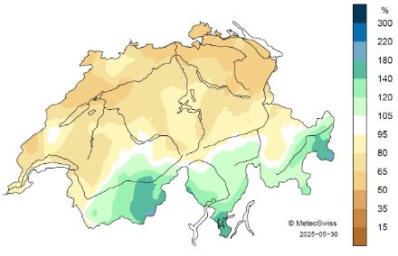 Carte de la Suisse montrant la répartition des précipitations au printemps 2025.