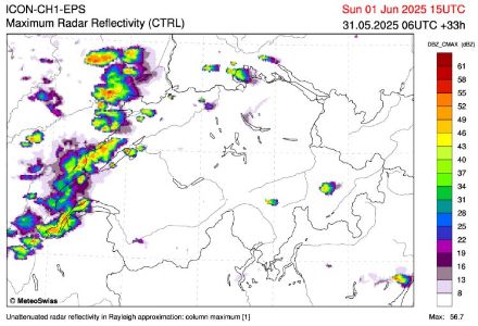 Figure 2. Réflectivité radar maximum prévue pour le dimanche 1er juin à 17h00 selon le modèle ICON-CH1-EPS du 31 mai à 06 UTC. Une ligne d’orages pourrait aborder la Suisse romande à partir du Jura. Il s’agit d’une simulation possible parmi d’autres. 