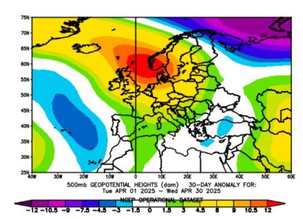 Figure 1. Anomalie de géopotentiel (en décamètres) en avril 2025 par rapport à la moyenne 1991-2020 sur la même période.