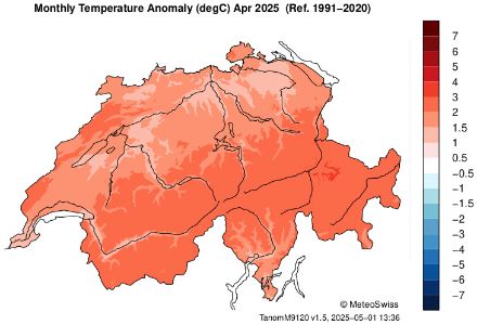 Figure 3. Écart à la norme 1991-2020 de la température moyenne en avril 2025. 