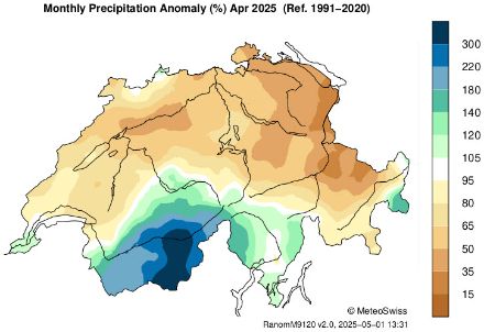Figure 6. Répartition spatiale des sommes de précipitations en avril 2025, représentée en % de la norme 1991-2020.