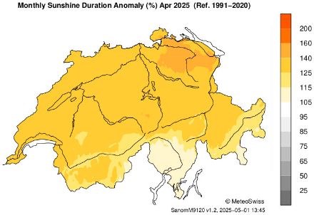 Figure 7. Répartition spatiale de l’ensoleillement en avril 2025, représentée en % de la norme 1991-2020. 