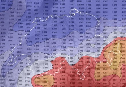 Altitude de la limite pluie/neige lundi 5 mai à 12h UTC
