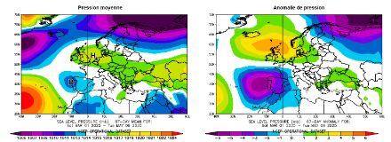 Cartes de pression réduite au niveau de la mer moyenne du 1er mars au 6 mai 2025 et d'anomalie de pression sur la même période par rapport à la moyenne calculée de 1991 à 2020.