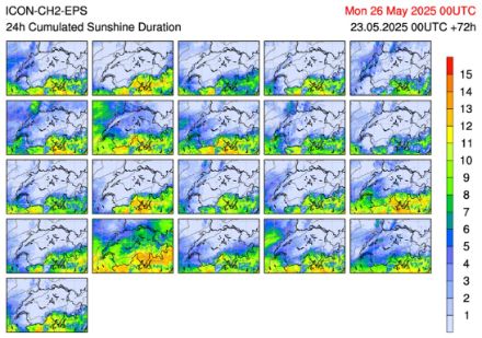 Ensoleillement prévu durant la journée de dimanche par les différents membres du modèle ICON-CH2-EPS. Seul le sud des Alpes restera en marge de la perturbation. 