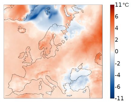 Figure 3. Distribution de la température en avril 2025 en Europe. L’écart (en °C) à la norme 1991-2020 est représenté. 