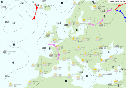 Carte de la situation générale en surface présentant les lignes isobares (traitillés noirs), les centres d'actions (H pour haute pression, B pour basse pression) et les fronts (en couleurs), valide dimanche 11 mai à 14h locales.