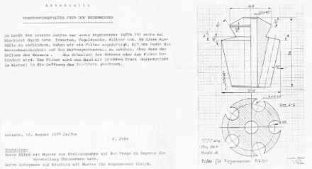 Projet original du filtre anti-obstruction, 1977 J. Joss / E. Tognini (Archives MétéoSuisse)