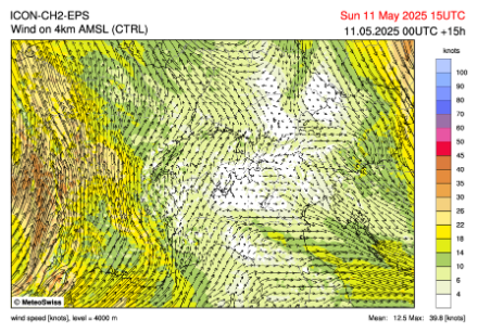 Vent prévu à 4000 m d'altitude à 15UTC (17h locales) le dimanche 11 mai 2025 par le modèle ICON-CH-2 CTRL.
