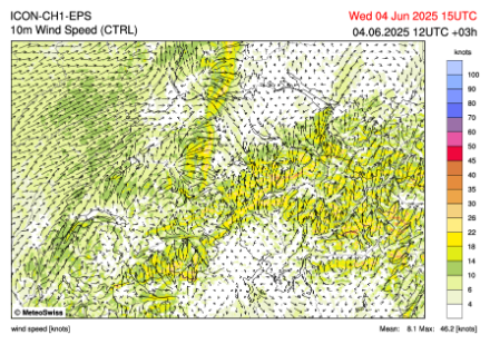 Modélisation du vent à 10m du sol avec une nette zone de convergence sur le Plateau central à 17h aujourd’hui. (Image : modèle ICON-CH1-CTRL, MétéoSuisse)